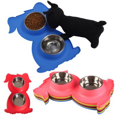 China Sustainable Wholesale Custom Colors Double Bowl No Slip Silicone Mat Water Food Feeder Stainless Steel Pet Bowls And Feeders for sale