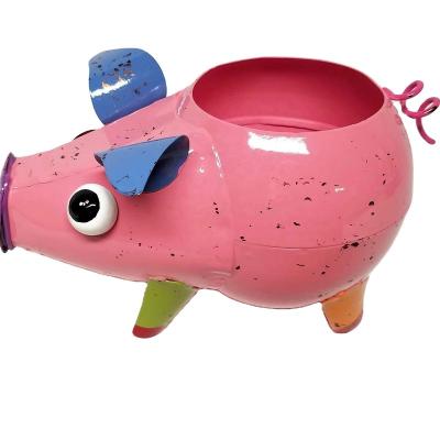 China Durable Metal Animal Planter Hands Painted Cute Lion Garden Colorful Metal Pig Animal Planter Desk Iron Animal Pot for sale