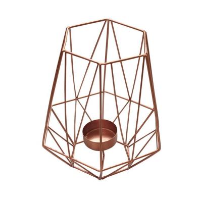 China Durable Wrought Iron Hexagon Metal Wire Rose Gold Candle Holder For Home Decor In Bulk for sale