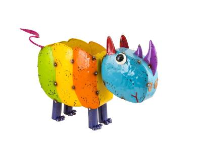 China Durable Metal Planter Animal Hands Painted Rhino Metal Rhinoceros Planter Desk Colorful Animal Garden Iron Pot Planter Inspiration for sale