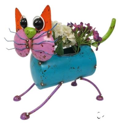 China Durable Metal Animal Planter Hands Painted Colorful Animal Garden Animal Planter Pot Metal Cat Planter Iron Desktop Inspiration for sale