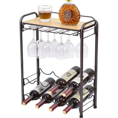 China Floor Free Standing 8 Bottle Durable Wine Rack, Metal Wine Storage Shelf With Glasses Holder And Table Top for sale