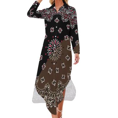 China Custom Made High Quality Anti-Wrinkle Print Paisley Bandana Style Printed Custom Women's Dress Fashionable Women's Long Sleeve Shirt Dress for sale