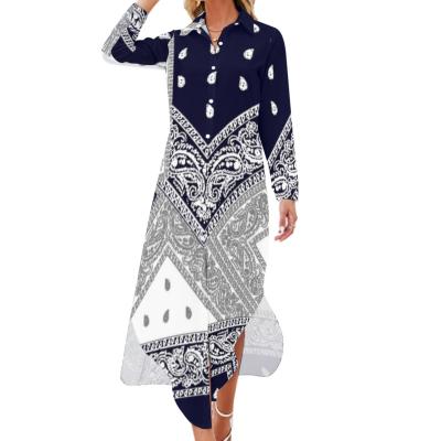 China Custom Anti-Wrinkle Print Wholesale Price Paisley Bandana Style Printed Custom Women's Dress Fashionable Women's Long Sleeve Shirt Dress for sale