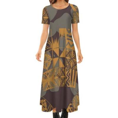 China Fashionable Tribal Print Women's Round Neck Short Sleeve Dress Custom Women's Dress Anti-wrinkle Print Polynesia Samoa Large Size Dress for sale