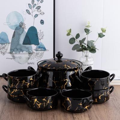 China Glamorous Middle Eastern Style Black Luxury Ceramic Soup Pot 7 Pieces Set Flower Gold Marble Surface for sale