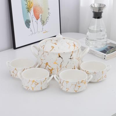 China Glamorous Middle Eastern Style White Luxury Ceramic Soup Pot 7 Pieces Set Flower Gold Marble Surface for sale