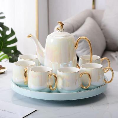 China Viable Exquisite Light Luxury Pearl Glazed Kettle Ceramic Teapot Mug Gift Set Drinkware Tea Set With Tray for sale