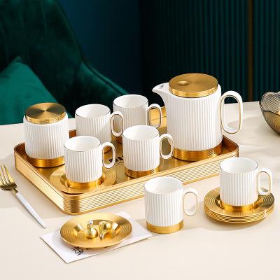 China Viable Modern Saucer Coffee Porcelain Jug Water Kettle Afternoon Ceramic Gold Plating Tea Set in Cup with Tray for sale