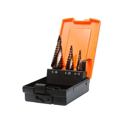 China 3 Flats 3Pcs Steel Metric Shank Spiral Groove Cobalt Coated HSS Step Drill Bit Set For Metal Tube Sheet Drilling In Plastic Box for sale