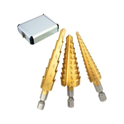 China 3Pcs Steel Set Inch Hex Shank Straight Flute Unibit HSS Titanium Step Drill Bit for sale