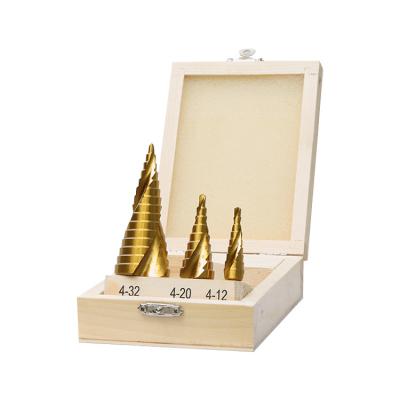 China Three Flats 3Pcs Shank Steel Metric Spiral Groove Titanium Step Drill Bit Set Just In Case for sale