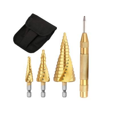 China 3Pcs Hex Shank Metric Steel Spiral Spline Shank HSS Titanium Step Drill Bit Set With Auto Punch In Nylon Bag for sale