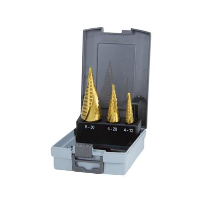 China Metric Titanium Metal Sheet Tube Drilling 3Pcs 3 Flats Leg Spiral Groove HSS Step Drill Bit Set For Metal Sheet Tube Drilling In Plastic Box for sale