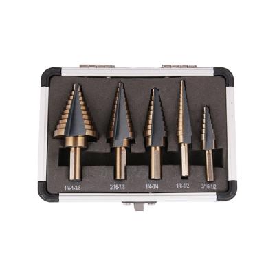 China 5Pcs Steel Set Metric Inch Straight Spiral Flute Unibit HSS Taper Titanium Step Drill Bits For Metal for sale