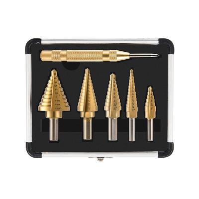 China 5Pcs Inch Shank Straight Flute HSS Tri Flat Titanium Step Drill Bit Set Steel In Aluminum Case for sale