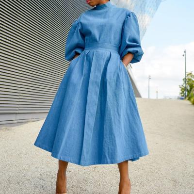 China M155 Wholesale Anti-Wrinkle Boutique Vintage Elegant Casual Dress Puff Sleeve Midi Dress For Women for sale