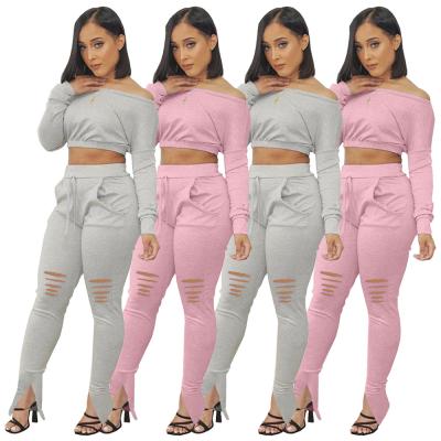 China M2034 Breathable Wholesale Long Sleeve Crop Top Two Piece Pants Set Solid Color Casual Fashion 2021 Falls Outfit for sale