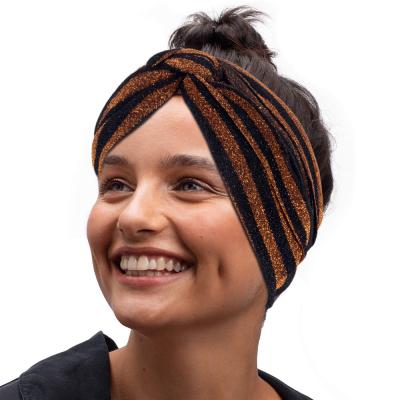 China Copy Customized Logo Decoration Glitter Shiny Head Accessories Style Striped Turban Headband For Women With Knot for sale