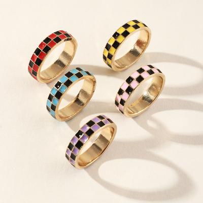 China Fashion Trendy Enamel Gold Wholesale Brass Rings Geometric Check Enamel Rings Custom Enamel Rings for sale