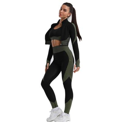 China 2021 Fitness Wear Spandex 3 Piece Women Sexy Yoga Sets And Nylon Long Sleeve Summer Yoga Breathable Sets for sale