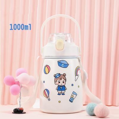 China Large Capacity 304 Stainless Steel Portable Children's Heat Preservation Kettle 1L With Big Belly Straw Water Bottle for sale