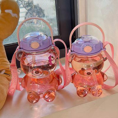 China Creative Viable Hot Cartoon Cute Amazon Bear Water Cup With Straw Cup Portable Strap Water Bottle Female Student Children for sale