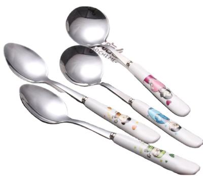 China Factory viable supply a family of four handle porcelain stainless steel children's tableware eating soup around the tip spoon wholesale for sale