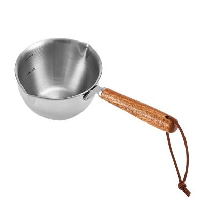 China Sustainable 304Stainless Steel Drip Pan Steel Mini Pot Wood Handle Small Oil Pan Hot Milk Pan for sale