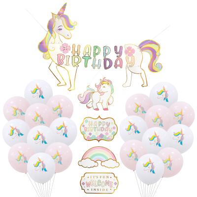 China Umiss 2021 Disposable Paper Unicorn Happy Birthday Banner, Customized Latex Balloons For Kids Party Baby Shower Decoration Supplies for sale