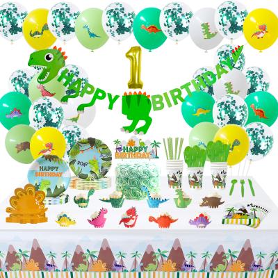 China New Design Disposable Dinosaur Birthday Decoration for 1st Kids, 1 Year Old Baby Shower First Year Birthday Party Supplies Tableware Set for sale