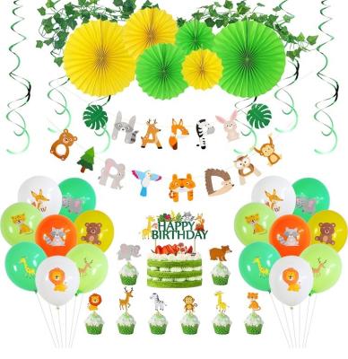 China Umiss Disposable Paper Jungle Animals Party Decoration Happy Birthday Banner Cake Toppers Latex Balloons Paper Fan For Kids Baby Shower for sale