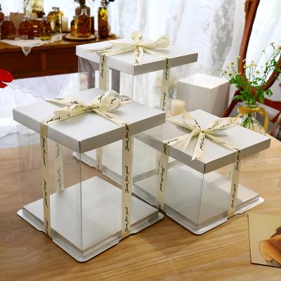 China Custom Materials PET Recycled Transparent Square Cake Box For Rose Bear Flower Gift Cake Packaging Box Wedding Birthday Party for sale