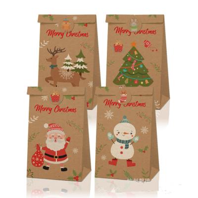 China Recycled Materials 12pcs Christmas Gift Bag Kraft Paper Candy Cookies Bag With Sticker for sale