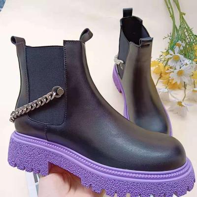 China 2021 PDEP Chelsea Women Boots Chunky Heel Anti-slippery Platform Ankle Boots With Metal Chain Design Boots for sale