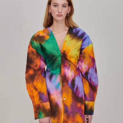 China New Fashion Print PDEP Color Tied Dyed V-Neck Long Sleeve Anti-Shrink Blouse Slimming Robe Blouse For Sleepwear Pajamas-Women Long Robe for sale