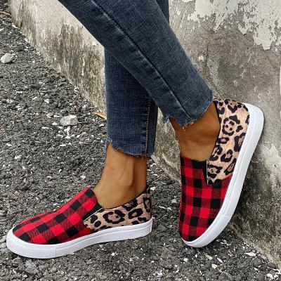 China Anti-slippery most popular PDEP plaid leopard stitched canvas panel shoes driving flat shoes for ladies leisure casual shoes for women for sale