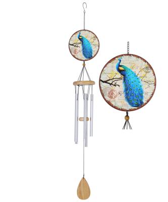 China metal & wooden & Exquisite Peacock-patterned Aluminum Metal Pipe Wind Chime Pendant For Home Decoration for sale