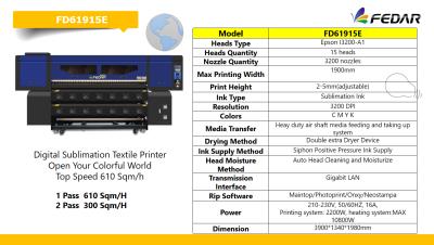 China Printing Shops 1.9m Wide Format Fedar FD61915E Digital Textile/Cloth/T-shirt Dye Sublimation Printer for sale