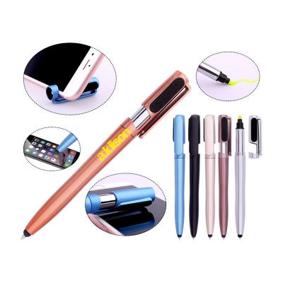 China office & School Pen 5 in 1 Stylus Highlighter Bar Phone Holder Ball Pen with Screen Cleaner for sale