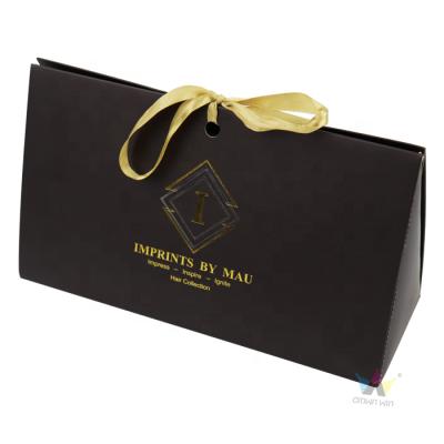 China Recyclable Customized Logo Printed Black Rigid Gift Bag With Ribbon Closure for sale