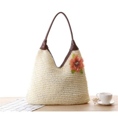 China Waterproof Woven Shoulder Straw Woven Bag For Women Hand Held Beach Leisure Handbag Garden Flower PU Handle for sale