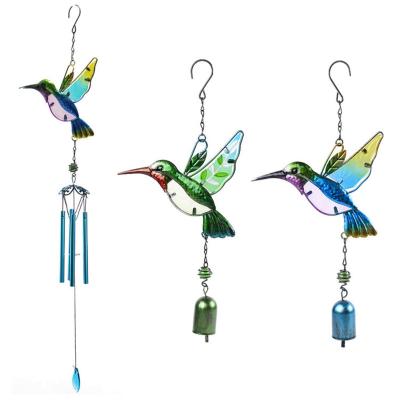 China Metal Wind Chime Music Tube Gold Iron Hummingbird Glass Painted Garden Hanging Decoration for sale