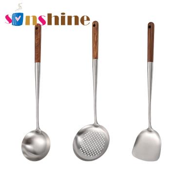 China Viable Wholesale Spoon Stainless Steel Sinshine 3 PCs Metallic Kitchen Dinnerware Set Spatula With Wooden Handle for sale