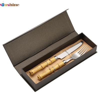 China Sinshine Handle Spoon Knife Fork Flatware Set Gift Box 304 Stainless Steel Natural Sustainable Bamboo Cutlery For Business Gift for sale