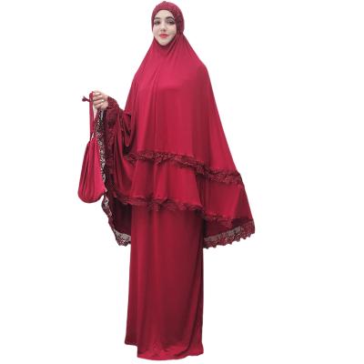 China Polyester In Stock Plus Size Muslim Prayer Dress Lace Jilbab Khimar Pray Abaya 2 Pieces Hijab Dress Prayer Women for sale