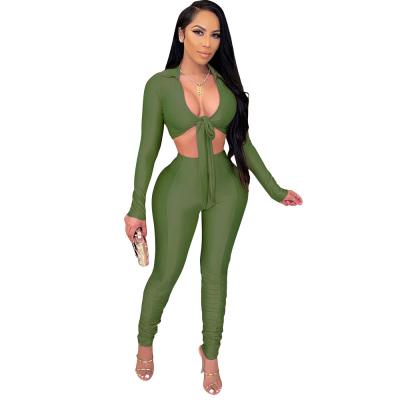 China 2021 Bowkont Deep Crop Bandage Long Sleeve Breathable V-Neck Top Women Stacked Pants Two Piece Set for sale