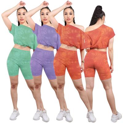 China Wholesale Breathable Printing Lady Shorts Outfits Casual Two Piece Suit Off The Shoulder Crop Top Two Piece Shorts Set For Women for sale