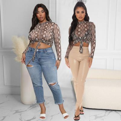 China New Arrival Elegant Breathable Ladies Outfits Long Top Serpentine Cropped Ladys Transparent Women's Sleeve Python Print Translucent Blouse for sale