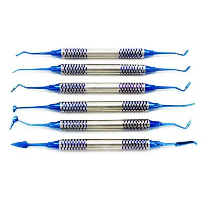 Китай Dental Composite Resin Filling Spatula Titanium Plated Head Resin Filler Kit of 6 pcs Blue Plasma Titanium Coated продается